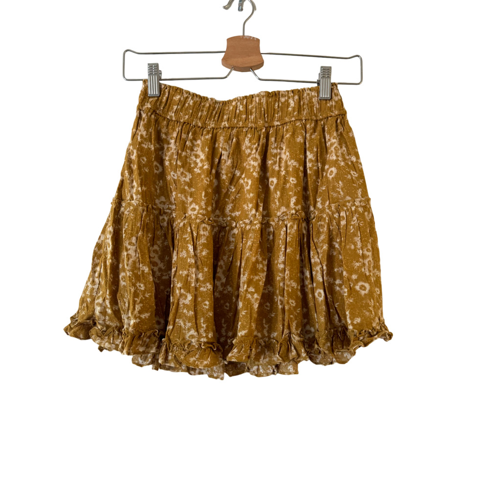 Olivaceous Floral Tiered Mini‎ Skirt Ruffle Boho Mustard Yellow Size Small Exc